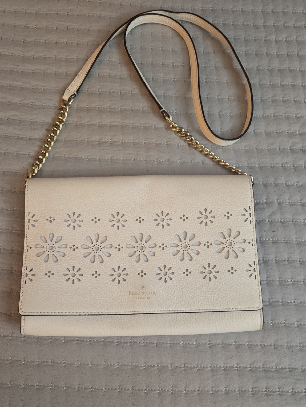 Kate Spade Valencia Faye-Cream Floral Cutout Leather Crossbody Bag w/ Gold Chain